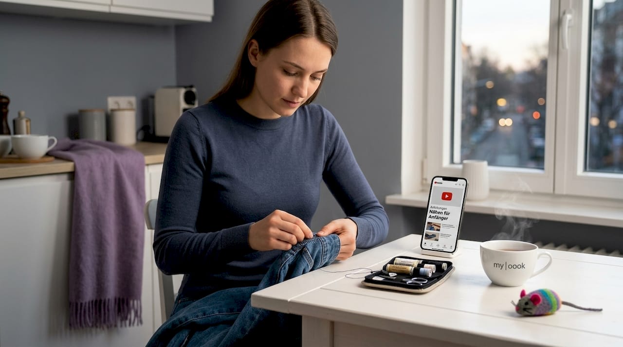 Eine Frau flickt ihre Jeans per Hand, um sie wieder tragbar zu machen.