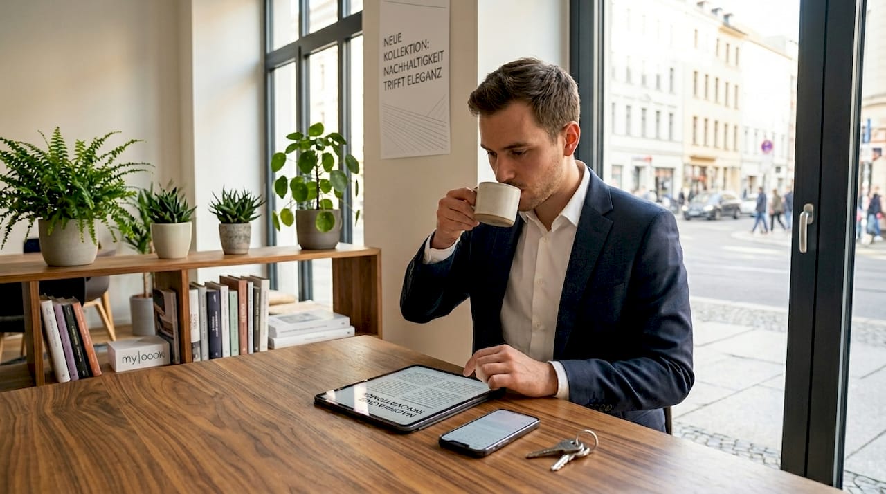 Ein Mann im Blazer und Jeans sitzt entspannt an einem Café-Tisch in der Innenstadt.