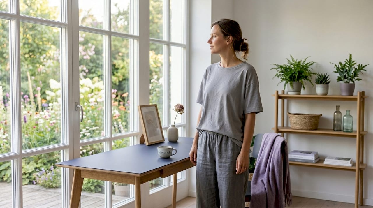 Eine Frau steht am Morgen am Fenster und trägt schlichte, nachhaltige Kleidung.