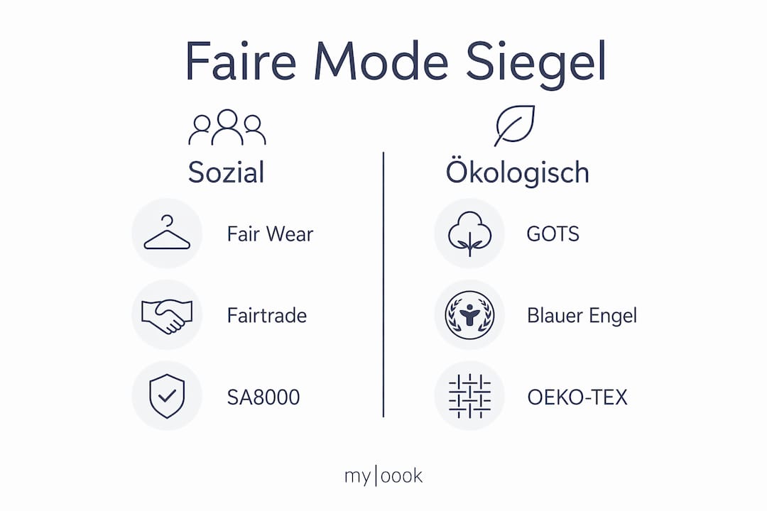 Übersichtsgrafik: Welche Siegel stehen für faire Mode – und was bedeuten ihre Kategorien?