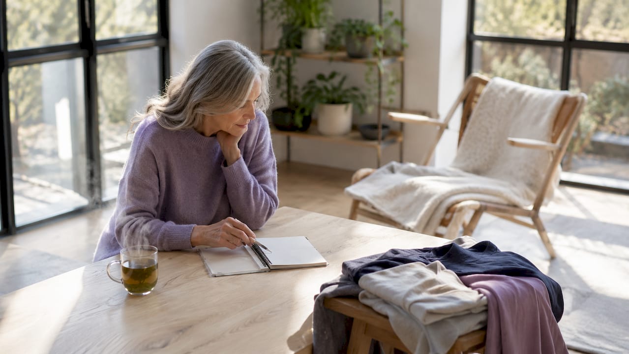 Zu Hause sammelt eine Frau kreative Ideen für nachhaltige Outfits und hält sie in ihrem Notizbuch fest.