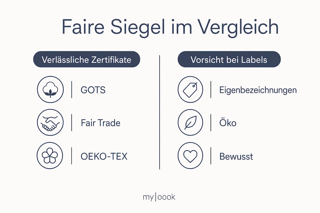 Eine Infografik zeigt im Überblick die Unterschiede zwischen vertrauenswürdigen Gütesiegeln und reinen Warnhinweisen.