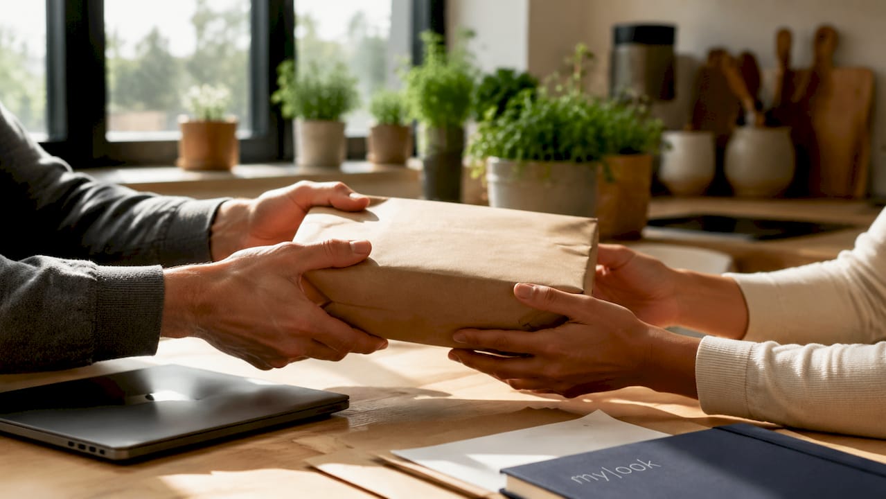 Im Büro wird ein nachhaltiges Paket von Hand zu Hand weitergegeben.