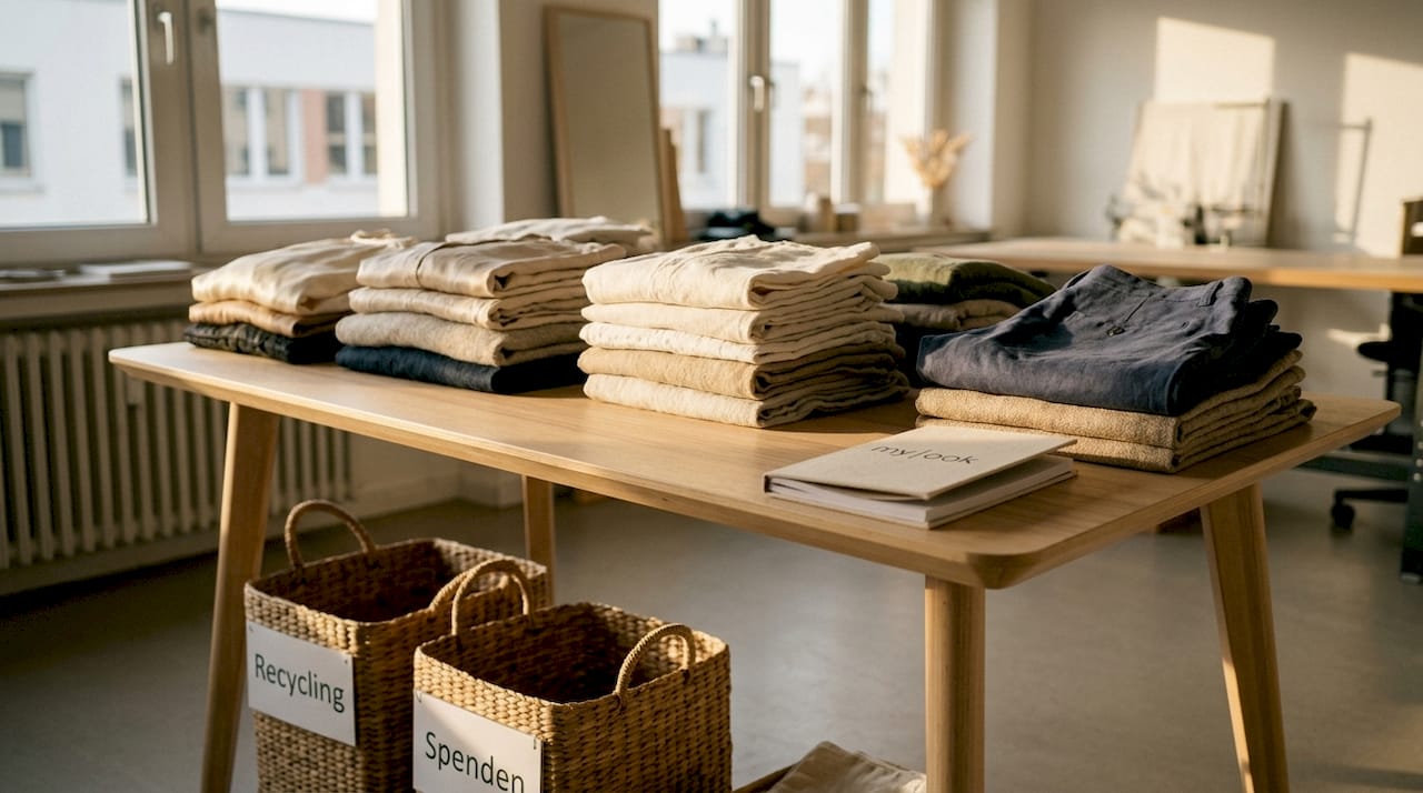 Im Recyclingbereich finden Sie eine Auswahl an sortierter Kleidung aus Naturmaterialien.