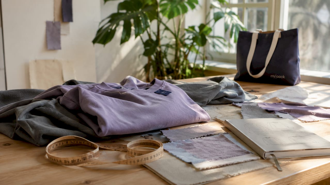 Nachhaltige Sweatshirts und passende Stoffmuster stilvoll auf einem Holztisch arrangiert