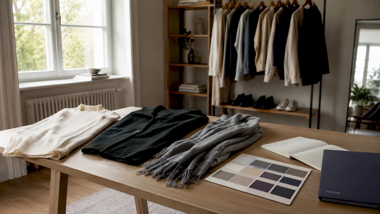 Ein Stapel Kleidung zeigt anschaulich die beliebte Drei-Farben-Regel für Outfits.