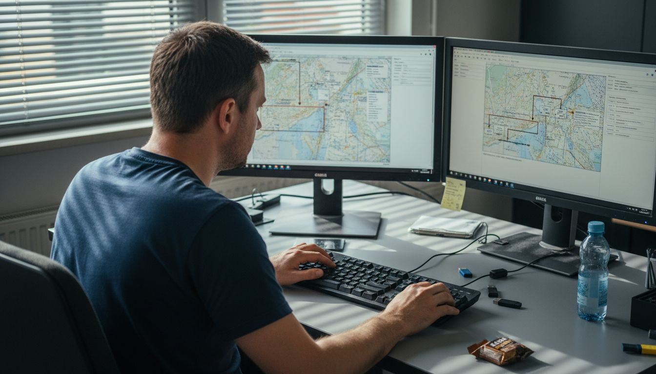 Ein Ingenieur bearbeitet am Schreibtisch Geodaten mithilfe spezieller Software.