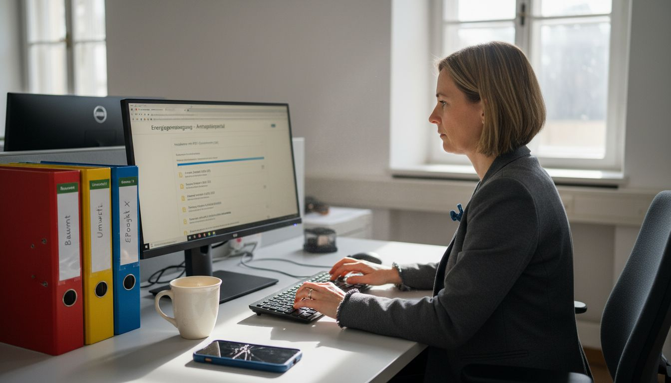Eine Frau übermittelt ihre digitalen Energienachweise elektronisch an die zuständige Behörde.