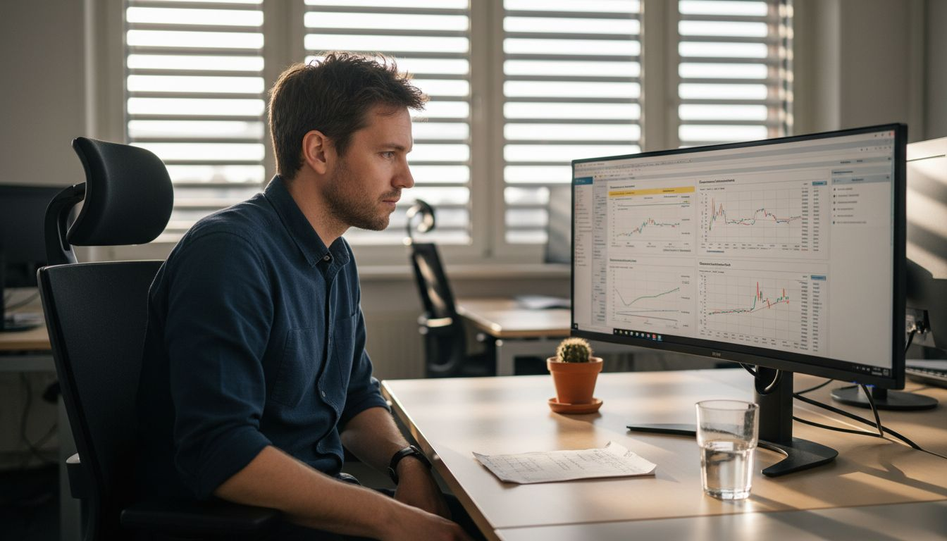 Ein Mitarbeiter wertet am Computer aktuelle Marktdaten aus.
