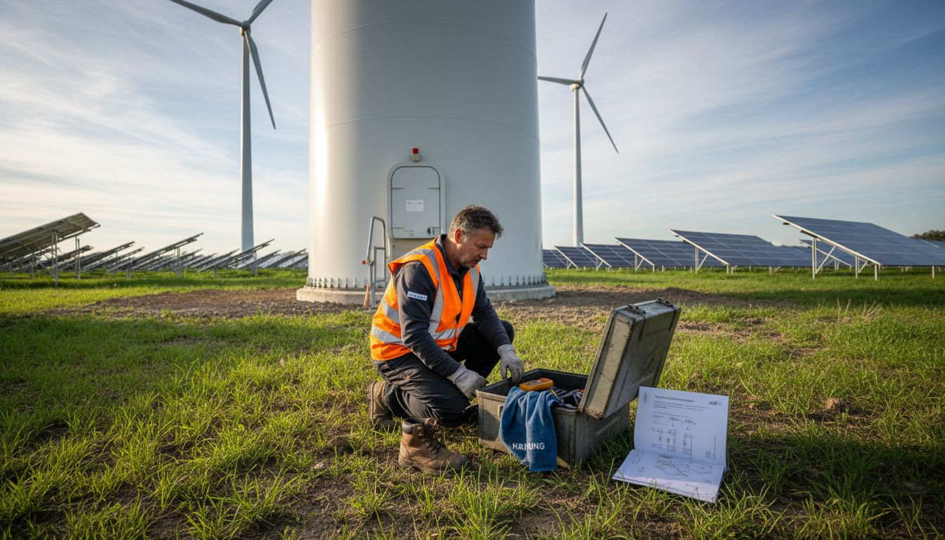 Ein Techniker überprüft eine Windkraftanlage auf einem Solarfeld.
