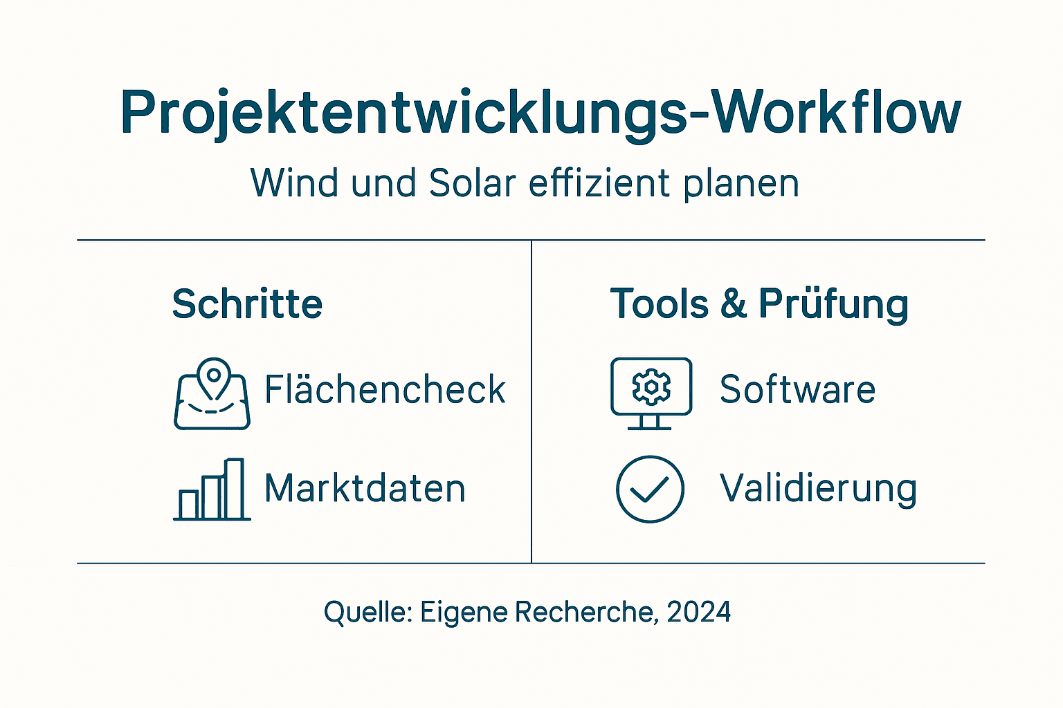 Die Infografik veranschaulicht den Ablauf bei der Umsetzung von Wind- und Solarprojekten.