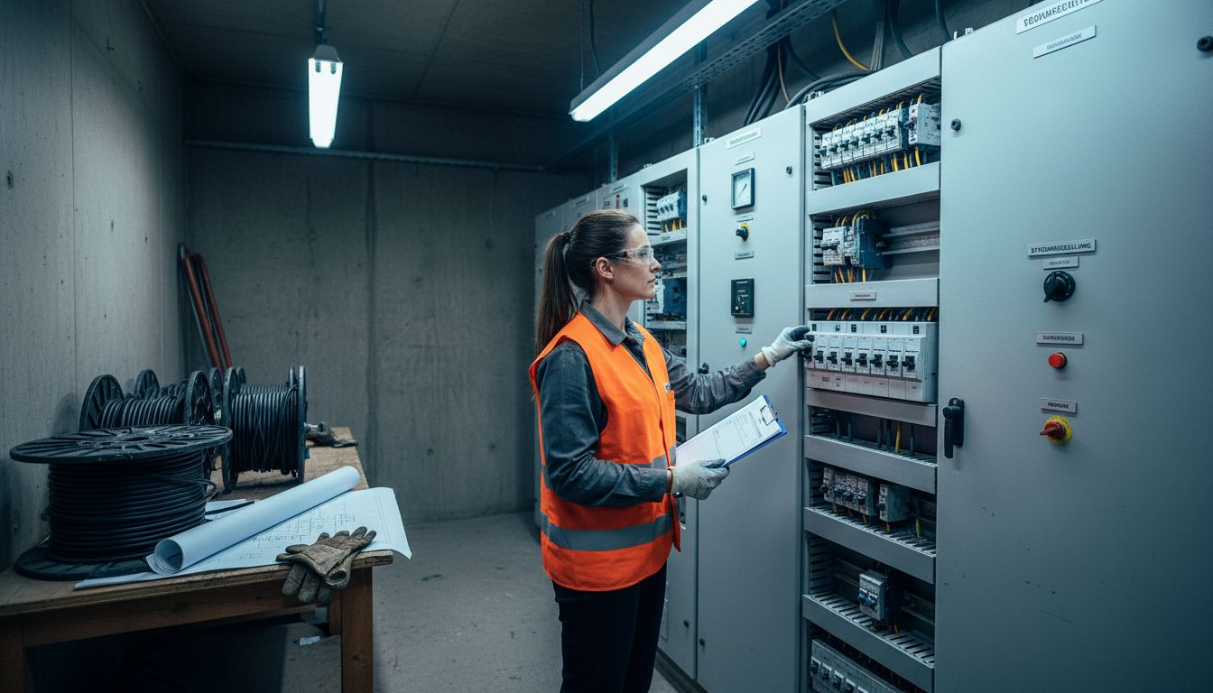 Ein Ingenieur überprüft die Elektroverteilung und stellt sicher, dass die Anlagen ordnungsgemäß funktionieren.
