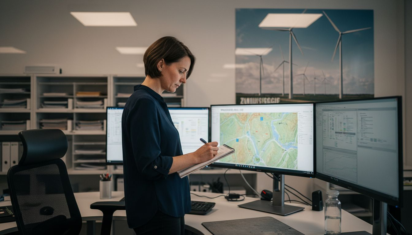 Ein Ingenieur prüft verschiedene Standorte auf ihre Eignung für Windkraftanlagen.