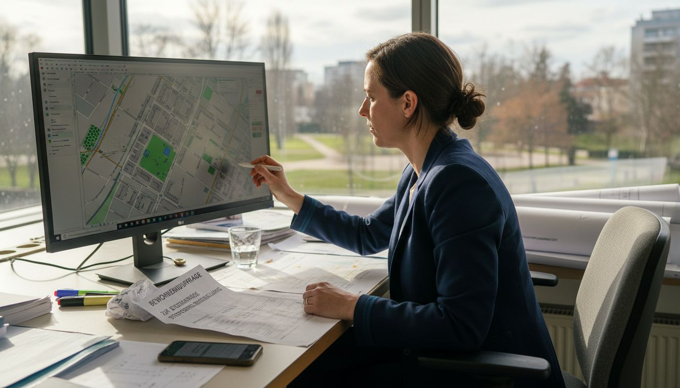 Ein Stadtplaner analysiert digitale Lagepläne.