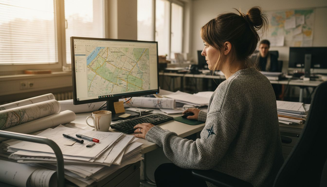 Eine Ingenieurin wertet Geodaten aus, um den optimalen Standort zu bestimmen.
