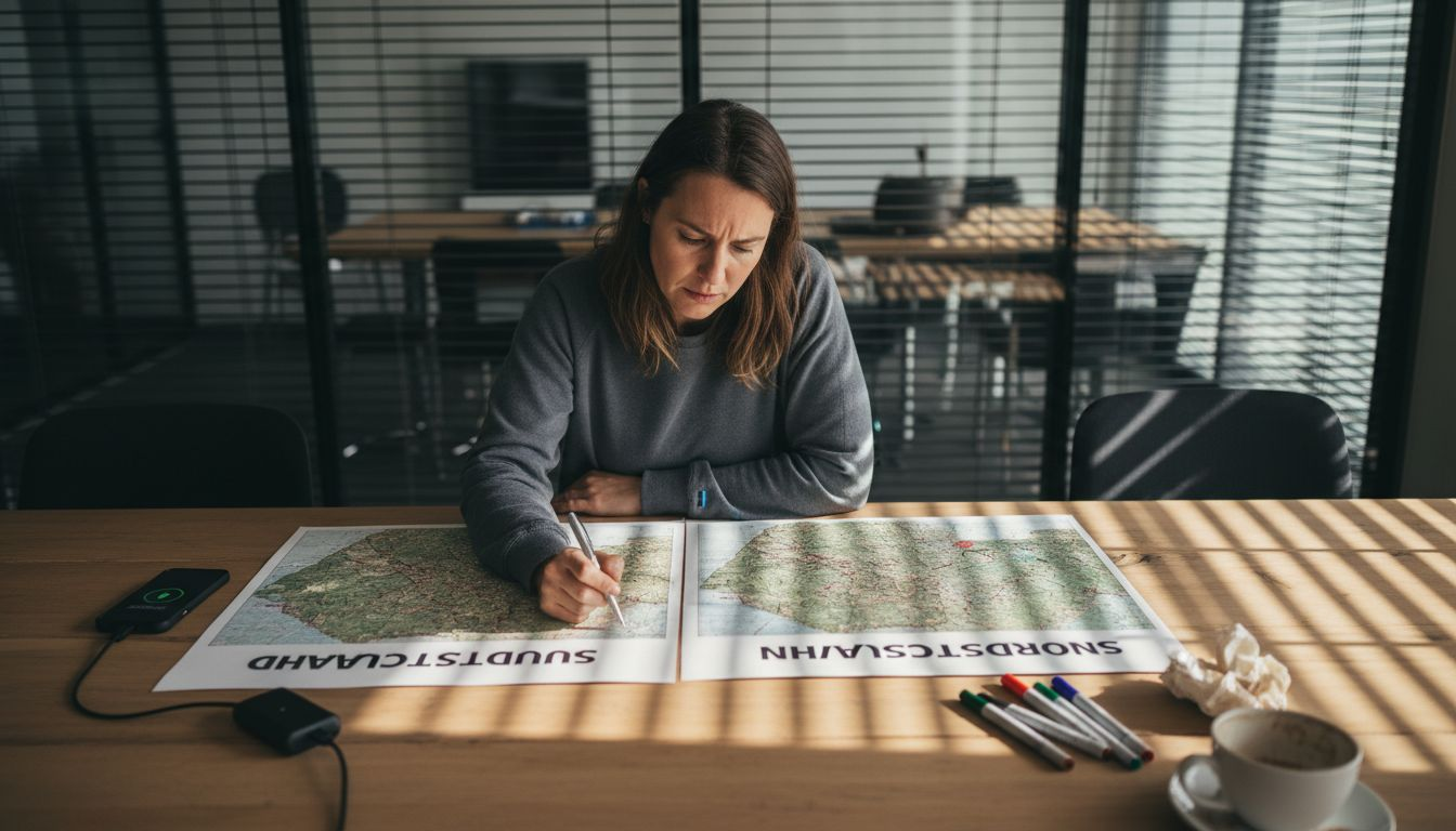 Ein Projektleiter analysiert und vergleicht Karten zur Sonneneinstrahlung in verschiedenen Regionen.