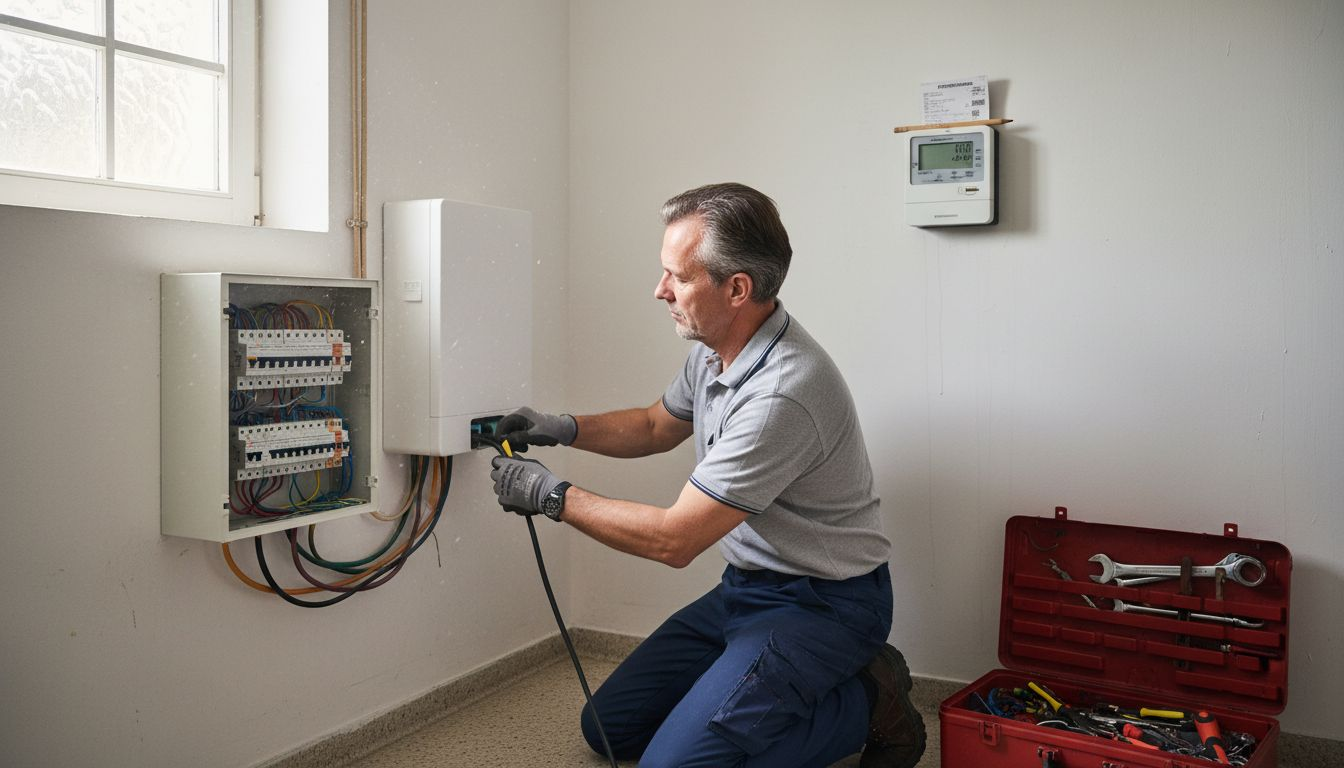 Ein Techniker überprüft den Heimspeicher im Hauswirtschaftsraum.