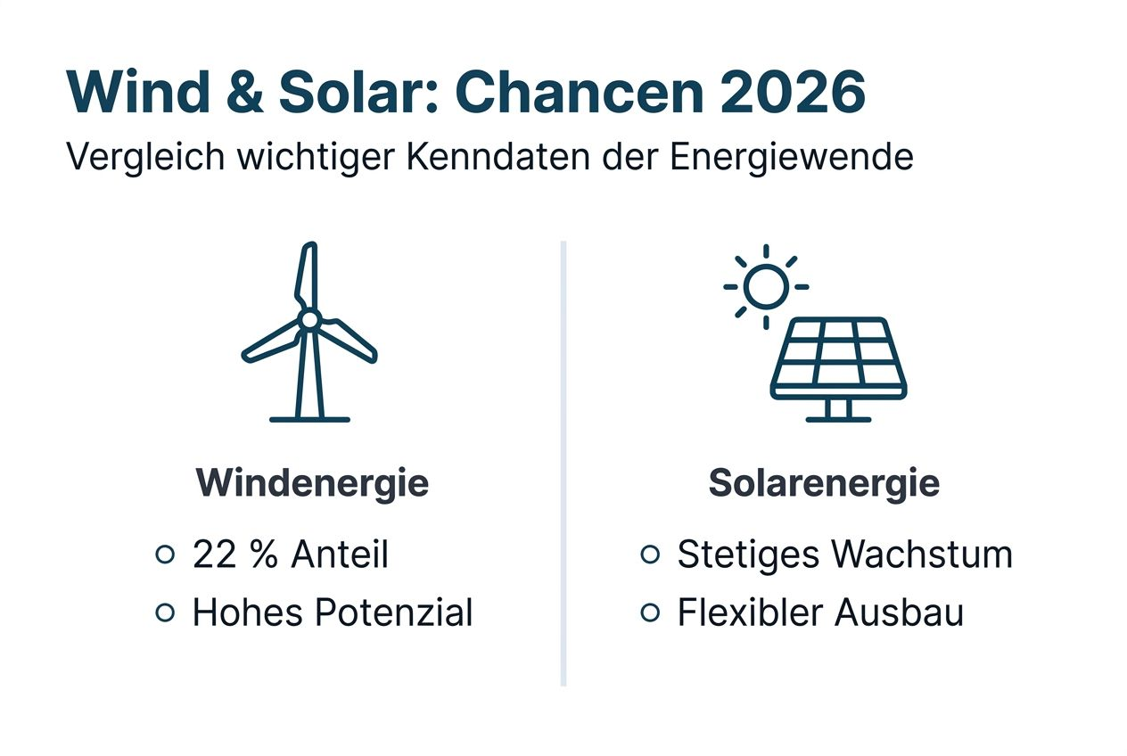 Windkraft oder Solarenergie – wer hat 2026 die Nase vorn? Chancen und Perspektiven im direkten Vergleich.