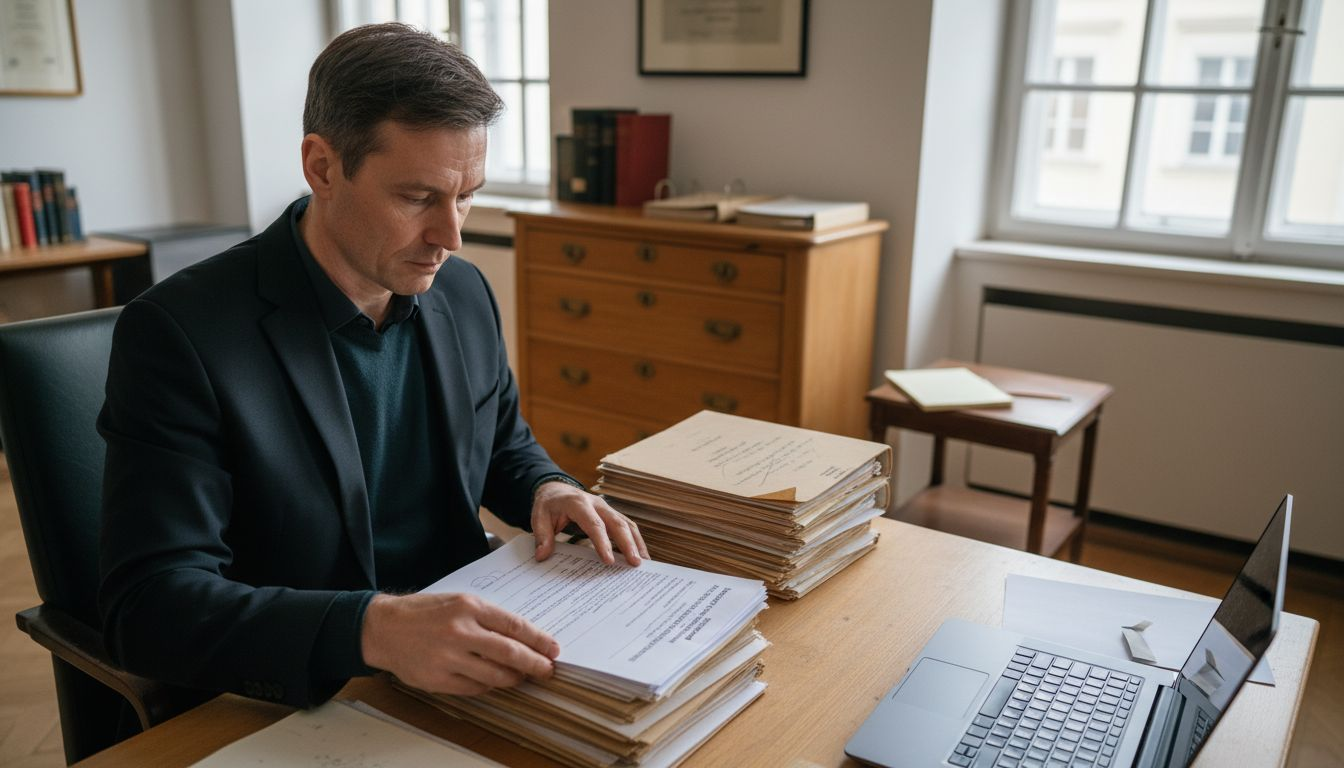 Ein Jurist begutachtet die Genehmigungsunterlagen direkt am Schreibtisch.