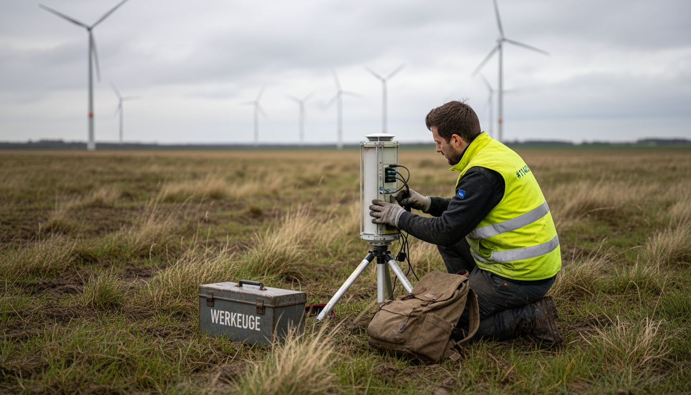 Ein Techniker richtet das LIDAR-System zur Messung der Windgeschwindigkeit präzise ein.