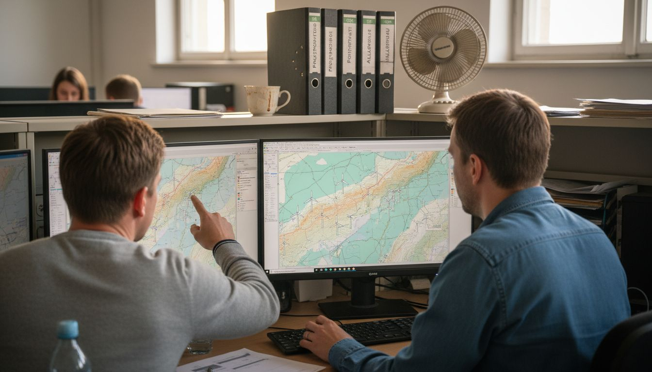 Ingenieure setzen geografische Informationssysteme ein, um Energieanlagen effizient zu planen und zu verwalten.
