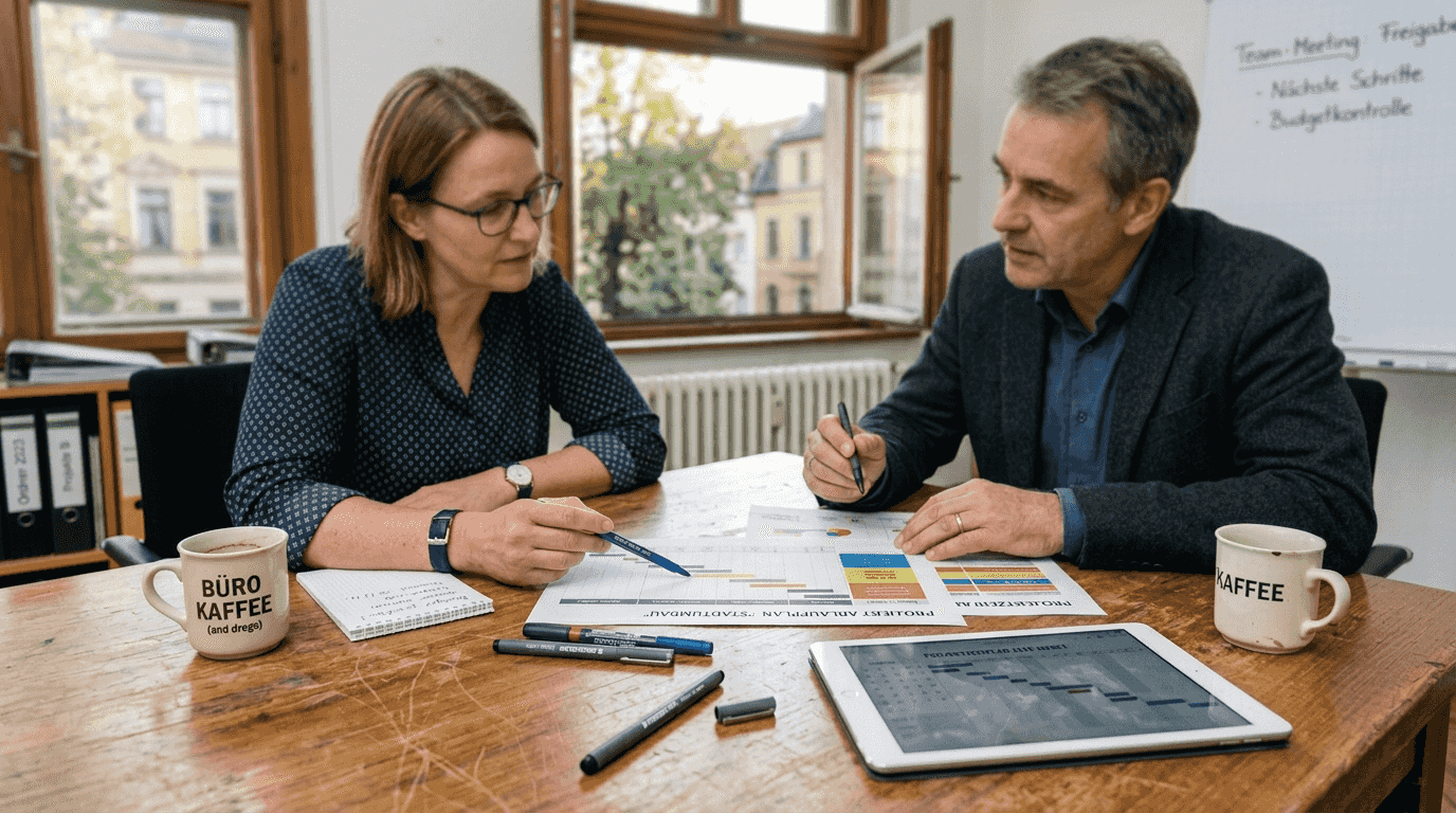 Im Konferenzraum tauscht sich das Team intensiv über die Analyse von Energiedaten aus.