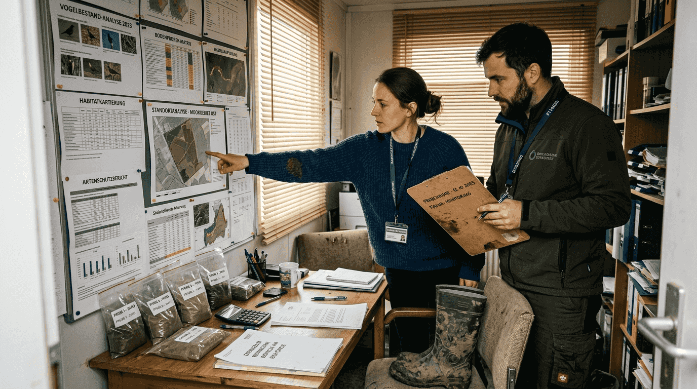 Umweltgutachter tauschen sich über die Prüfung von Bauprojekten aus.
