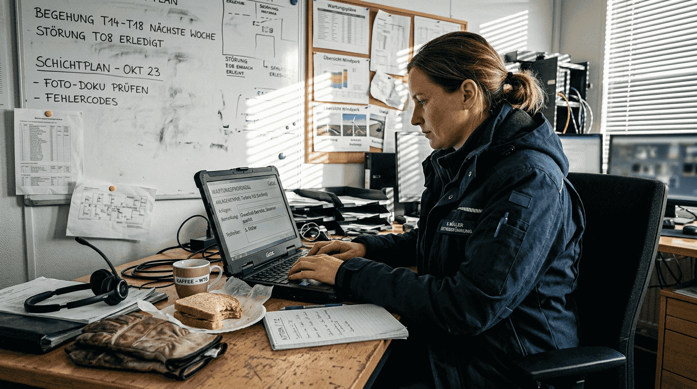 Ein Techniker trägt im Leitstand die Wartungsdaten für die Energieversorgung ein.