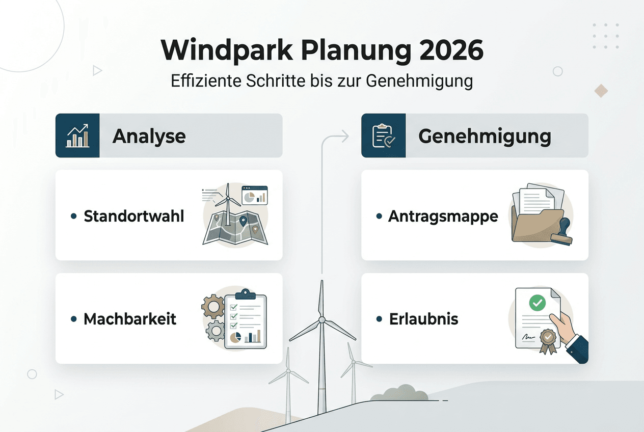 In dieser Infografik erhalten Sie einen übersichtlichen Einblick in die einzelnen Schritte der Windpark-Planung für das Jahr 2026.