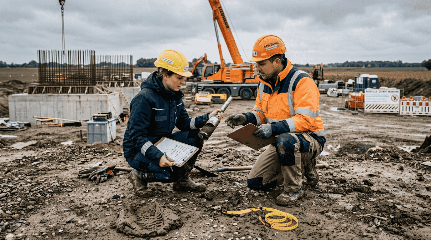 Am geplanten Standort für die Windenergieanlage nehmen Ingenieure Bodenproben, um die Beschaffenheit des Untergrunds zu prüfen.