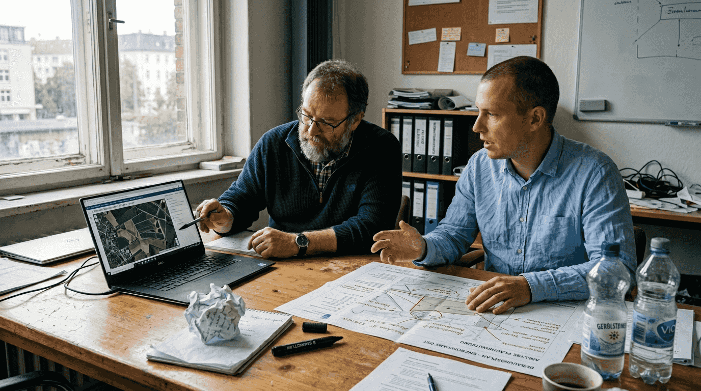 Das Team tauscht sich über den Vergleich von Geodaten zur Optimierung der Standortwahl aus.