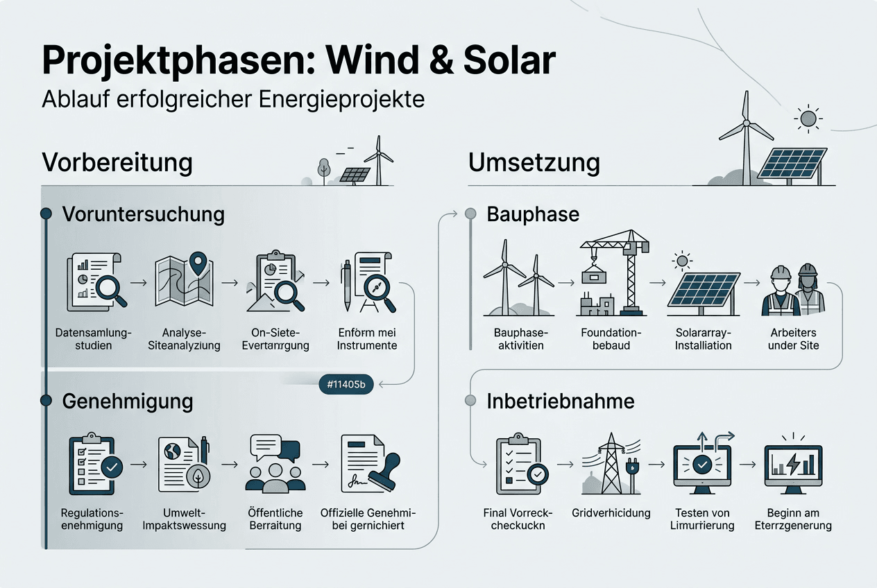 Übersicht der einzelnen Projektphasen im Bereich erneuerbare Energien – anschaulich dargestellt in einer Infografik.