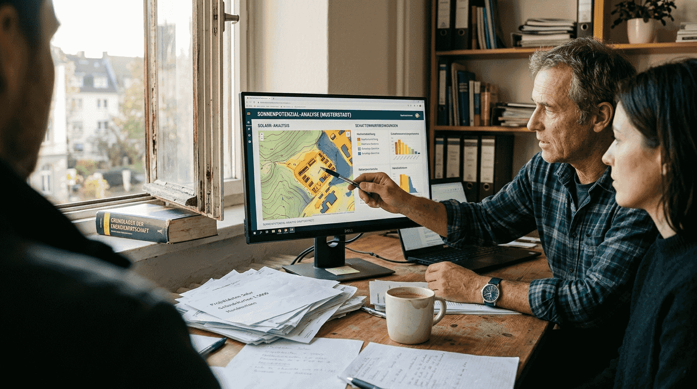 Ein Team wertet mithilfe von GIS-Software die Standortanalyse für eine Solaranlage aus.