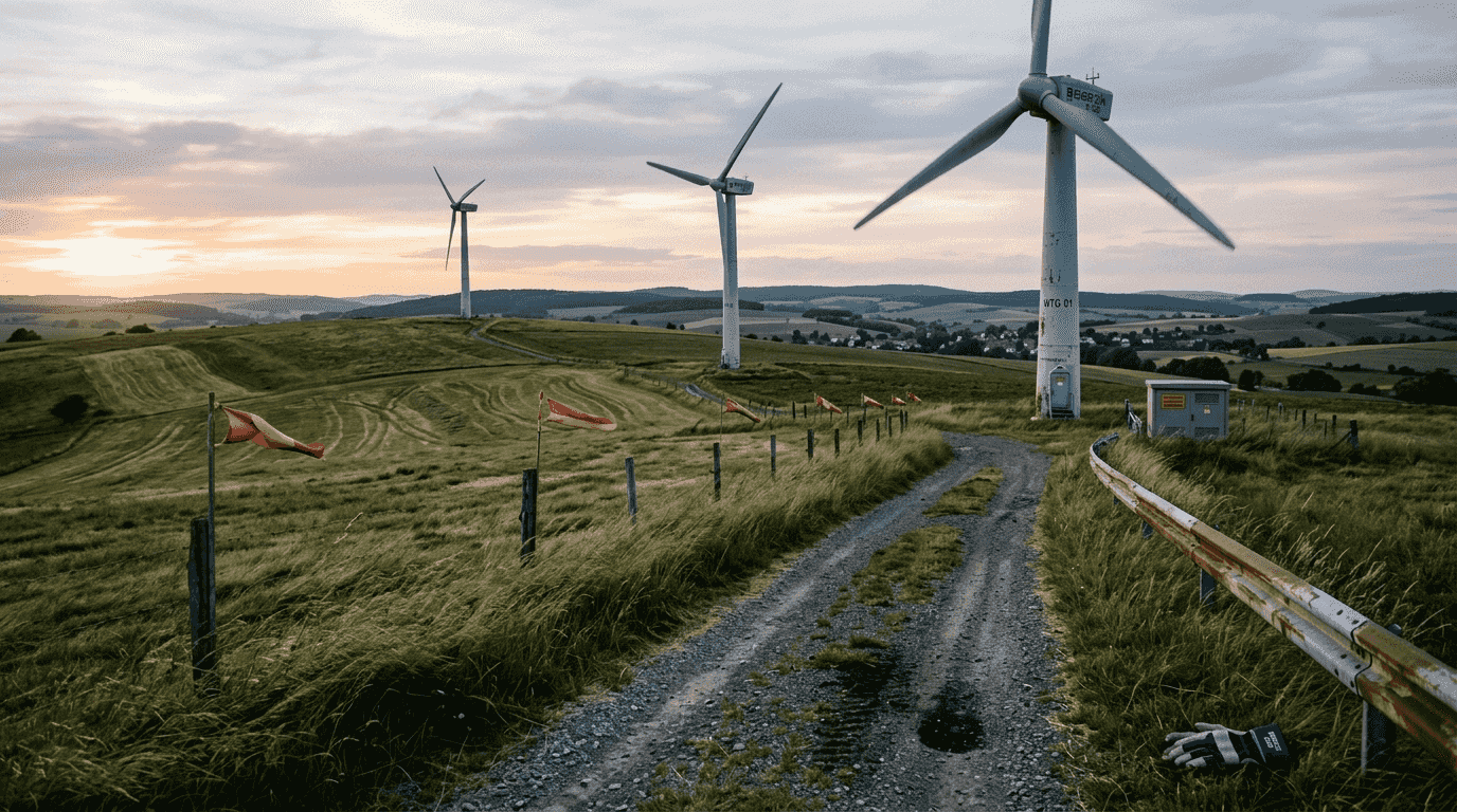 Windenergieanlagen auf freiem Feld, bei denen der sogenannte Wake-Effekt zum Tragen kommt