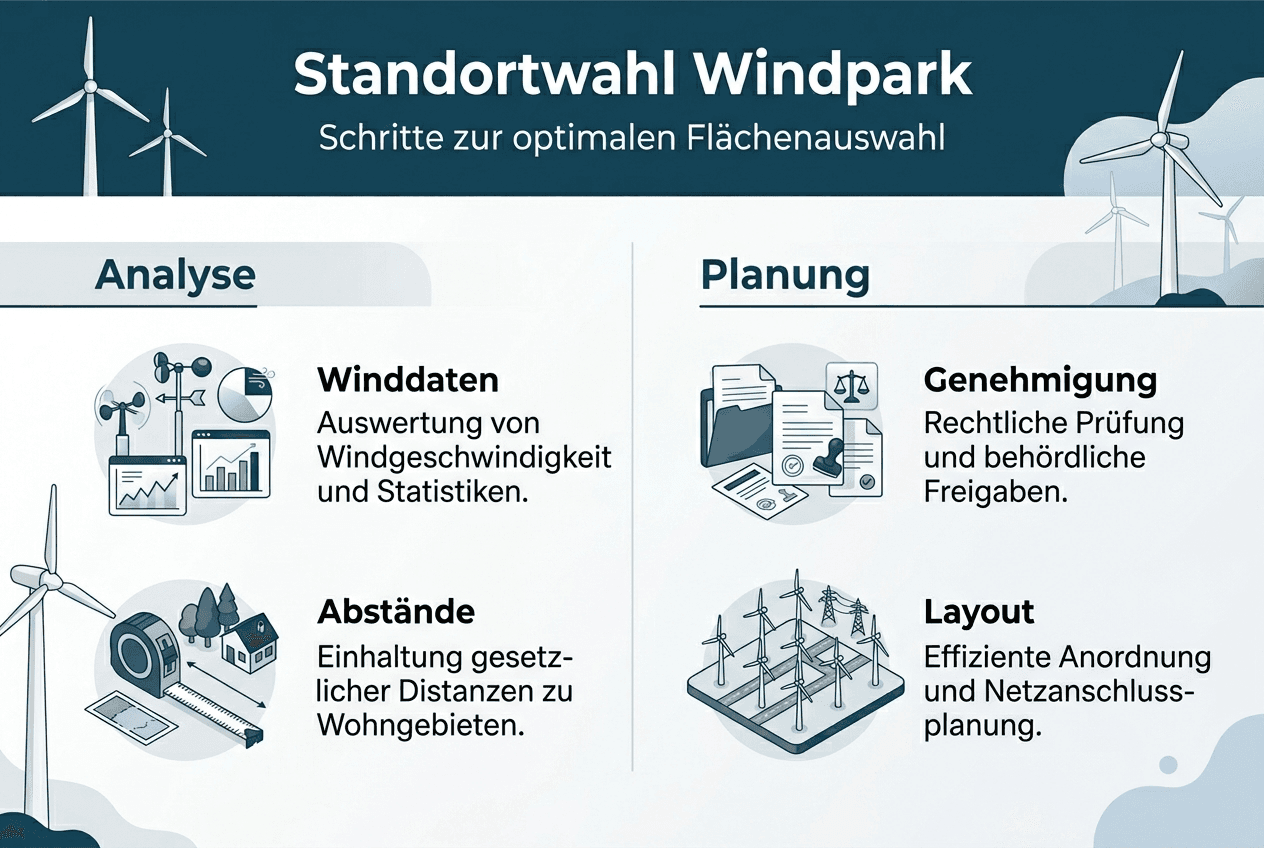 Grafik: Die wichtigsten Schritte bei der Auswahl eines Standorts für einen Windpark