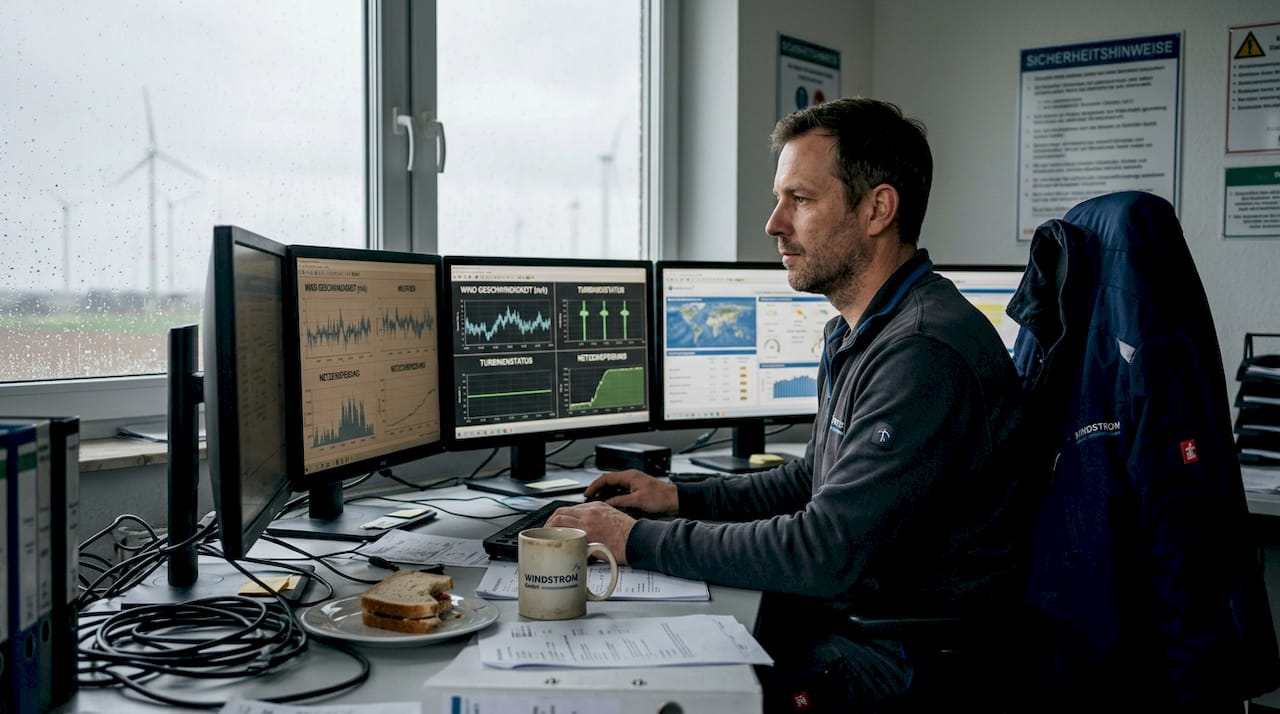 Der Anlagenbediener überprüft die Anzeigen für SCADA und Wetterdaten.