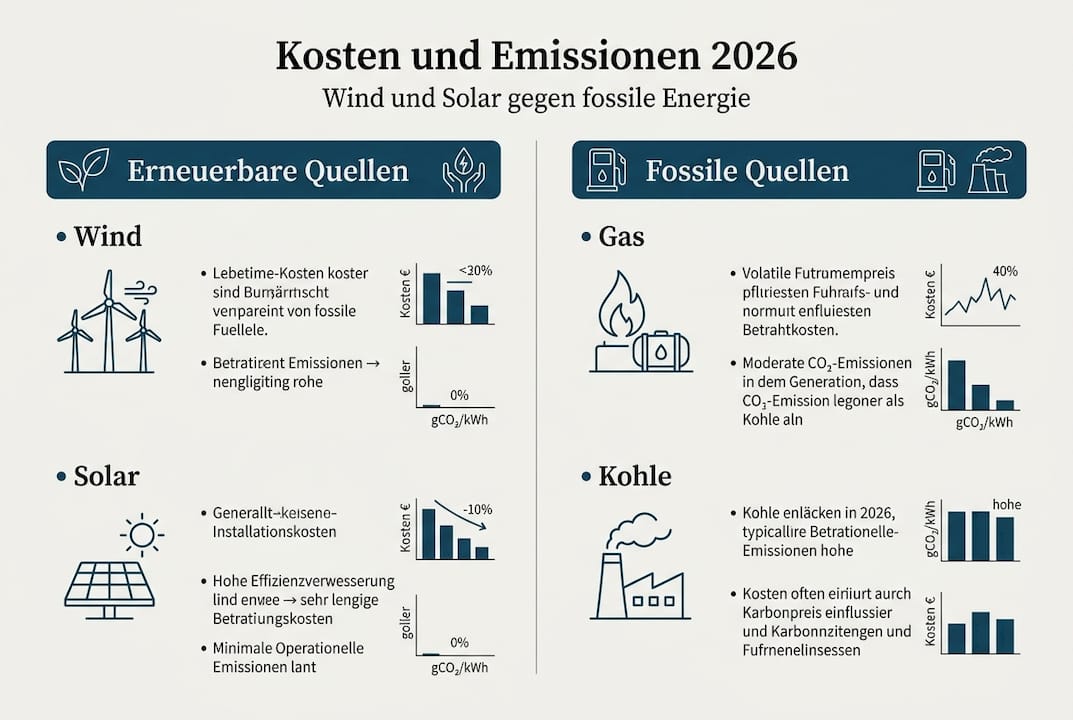 Infografik: Vergleich von Kosten und CO₂-Emissionen – Erneuerbare Energien im Gegensatz zu fossilen Brennstoffen