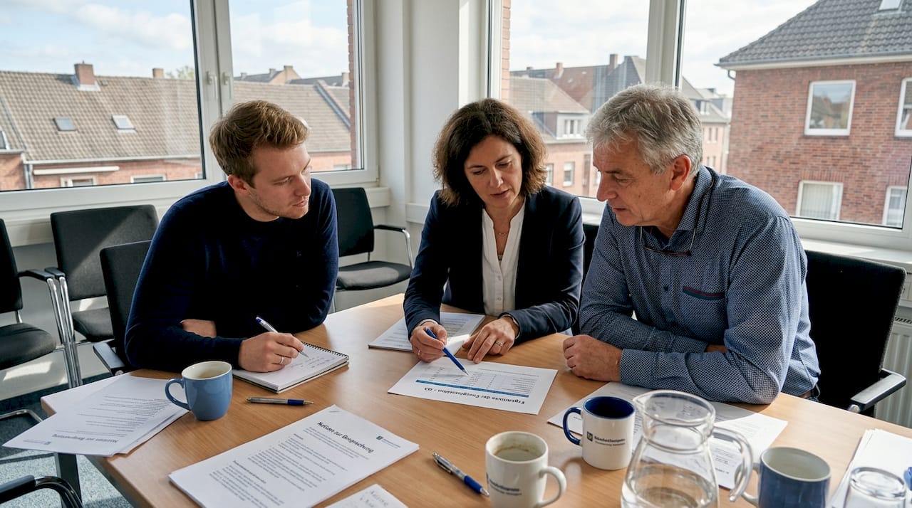 Ein Team bespricht im Konferenzraum die Ergebnisse der letzten Auktion.