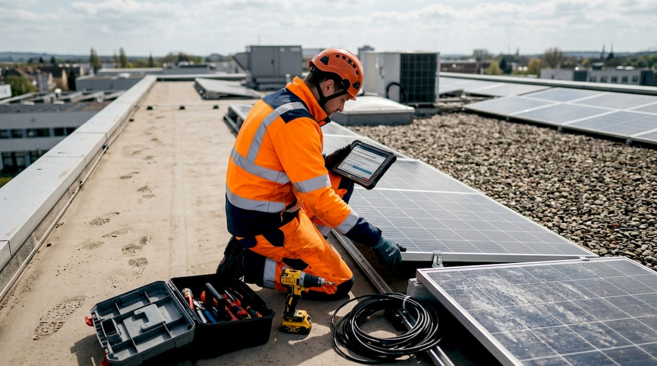 Ein Techniker modernisiert die Solaranlage auf dem Hausdach.