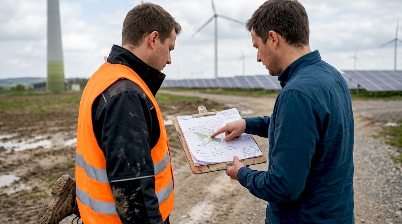 Vor Ort im Windpark besprechen der Betriebsleiter und sein Teamleiter die weiteren Schritte für das Projekt.