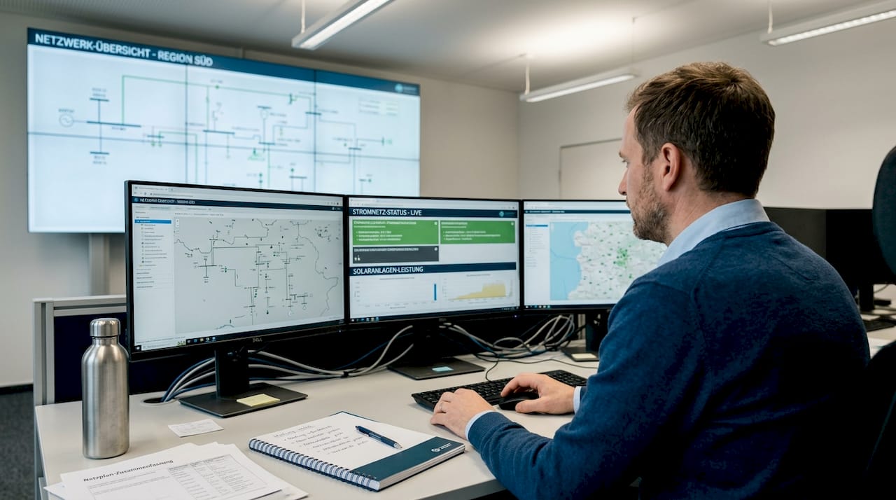 Ein Techniker überwacht den Status des Solaranlagen-Netzes auf mehreren Bildschirmen.