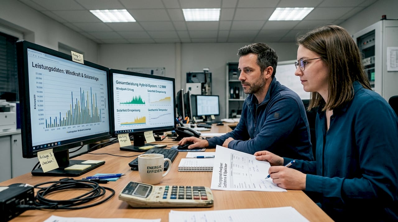 Fachkräfte überwachen die Daten von hybriden Anlagen zur erneuerbaren Energiegewinnung.