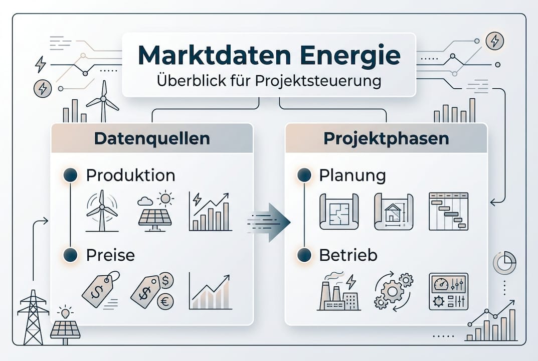 Übersichtsgrafik: Energieprojekt – von den Datenquellen bis zu den einzelnen Projektphasen