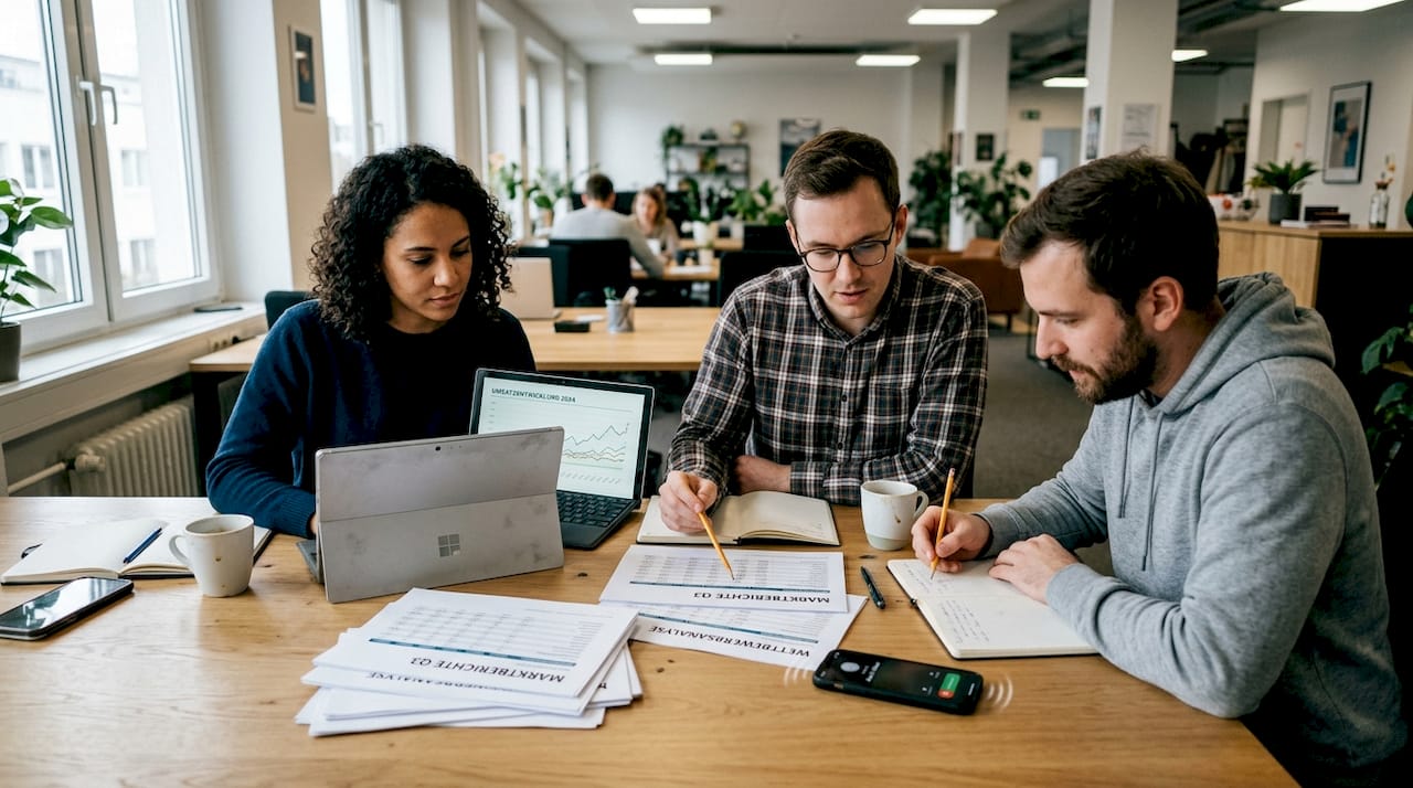 In einem modernen Büro wertet ein Expertenteam aktuelle Daten aus dem Energiemarkt aus.