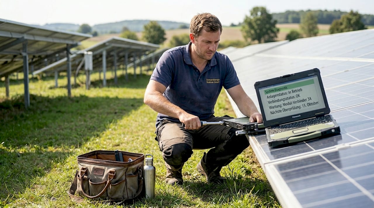 Ein Servicetechniker führt Wartungsarbeiten im Solarkraftwerk durch.