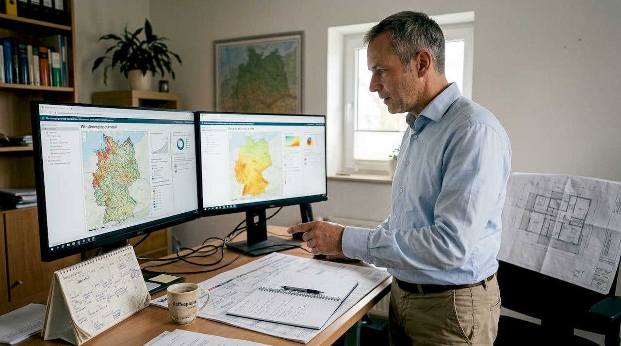 Ein Projektleiter prüft vor Ort, ob sich das Gelände für ein Energievorhaben eignet.