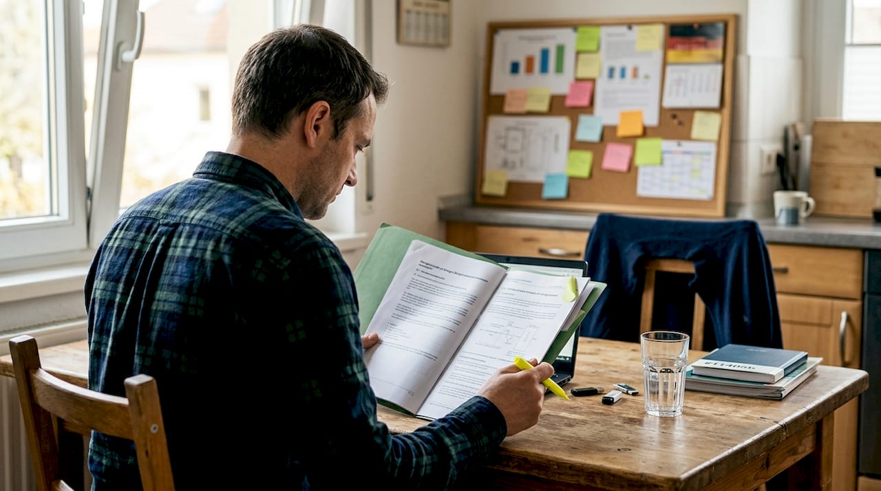 Am heimischen Küchentisch nimmt sich der Projektleiter die Energiedokumente vor und prüft sie ganz genau.