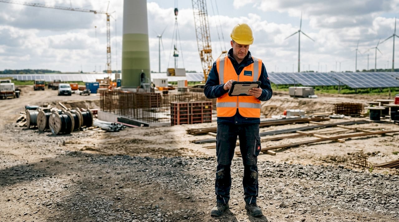 Bauleiter überwacht den Fortschritt beim Bau von Wind- und Solaranlagen.
