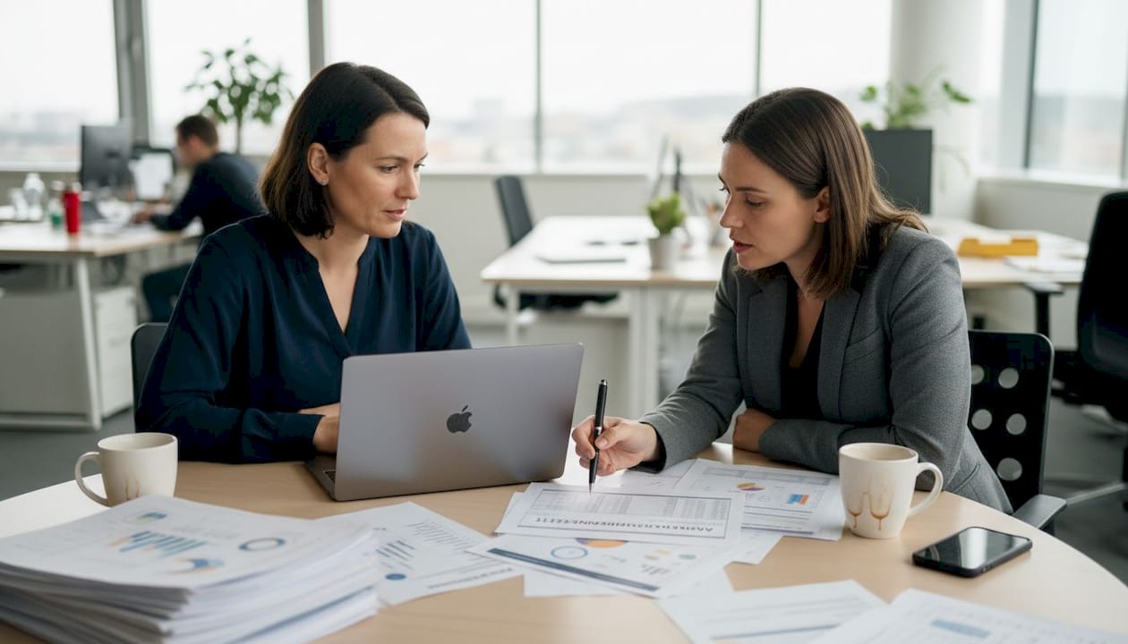 Projektleiterinnen im Gespräch zur Abrechnung gemeinsam am Konferenztisch