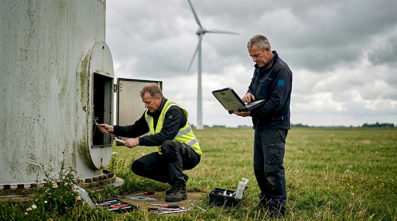 Fachkräfte begutachten, ob eine Windkraftanlage ausgetauscht werden muss.